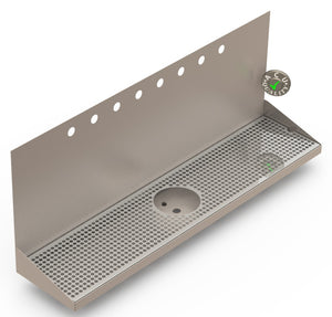Wall Mount Drip Tray with Drain and Rinser Hole | 8" X 36" X 14" X 1" | Stainless Steel Mirror Finish | 8 Faucet Holes - ACU Precision Sheet Metal