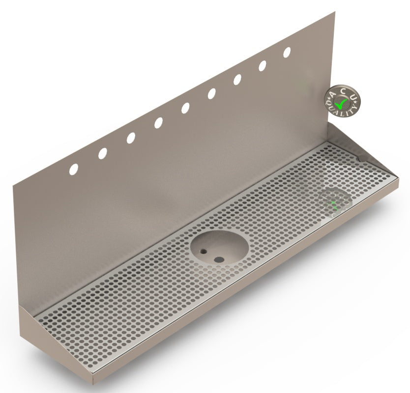 Wall Mount Drip Tray with Drain and Rinser Hole | 8" X 36" X 14" X 1" | Stainless Steel Mirror Finish | 9 Faucet Holes - ACU Precision Sheet Metal