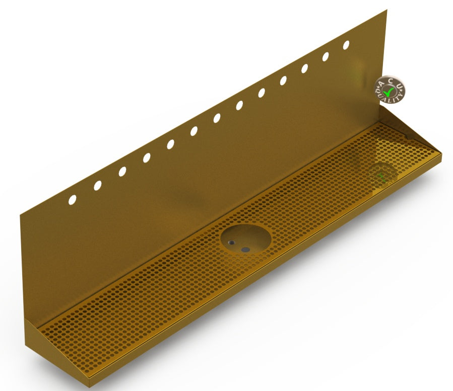 Wall Mount Drip Tray with Drain and Rinser Hole | 8" X 48" X 14" X 1" | Brass | 13 Faucet Holes - ACU Precision Sheet Metal
