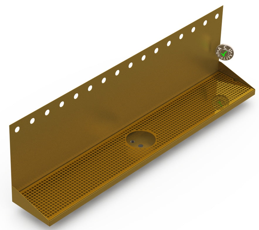 Wall Mount Drip Tray with Drain and Rinser Hole | 8" X 48" X 14" X 1" | Brass | 16 Faucet Holes - ACU Precision Sheet Metal