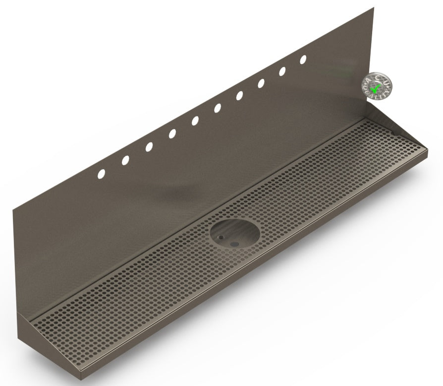Wall Mount Drip Tray with Drain and Rinser Hole | 8" X 48" X 14" X 1" | S/S # 4 | 10 Faucet Holes - ACU Precision Sheet Metal