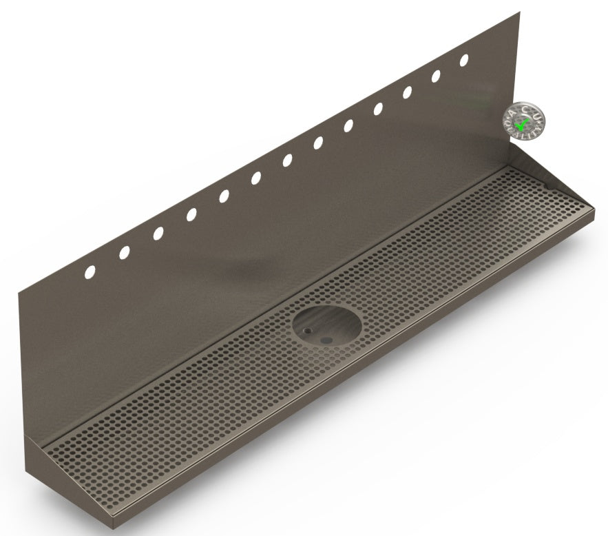 Wall Mount Drip Tray with Drain and Rinser Hole | 8" X 48" X 14" X 1" | S/S # 4 | 13 Faucet Holes - ACU Precision Sheet Metal