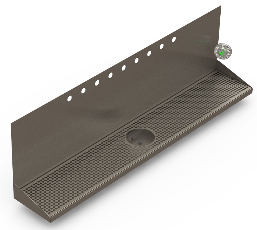 Wall Mount Drip Tray with Drain and Rinser Hole | 8" X 48" X 14" X 1" | S/S # 4 | 9 Faucet Holes - ACU Precision Sheet Metal