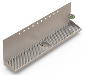 Wall Mount Drip Tray with Drain and Rinser Hole | 8" X 48" X 14" X 1" | Stainless Steel Mirror Finish | 10 Faucet Holes - ACU Precision Sheet Metal