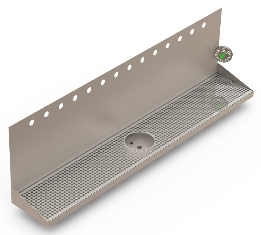 Wall Mount Drip Tray with Drain and Rinser Hole | 8" X 48" X 14" X 1" | Stainless Steel Mirror Finish | 14 Faucet Holes - ACU Precision Sheet Metal