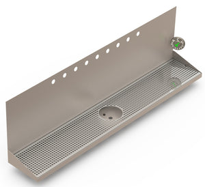 Wall Mount Drip Tray with Drain and Rinser Hole | 8" X 48" X 14" X 1" | Stainless Steel Mirror Finish | 9 Faucet Holes - ACU Precision Sheet Metal