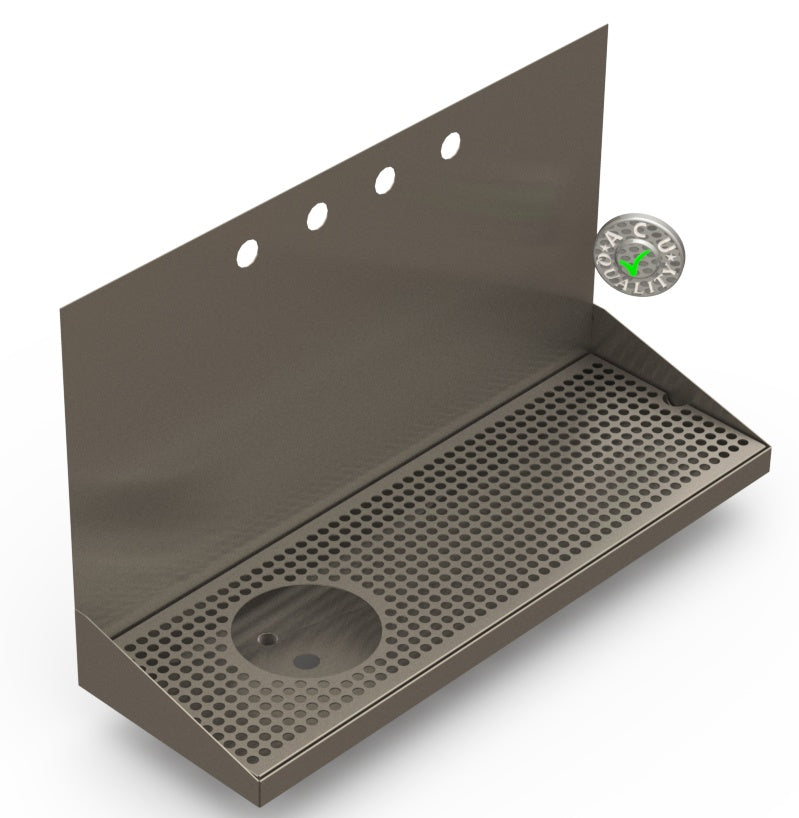 Wall Mount Drip Tray with Left Drain and Rinser Hole | 8" X 24" X 14" X 1" | S/S # 4 | 4 Faucet Holes - ACU Precision Sheet Metal