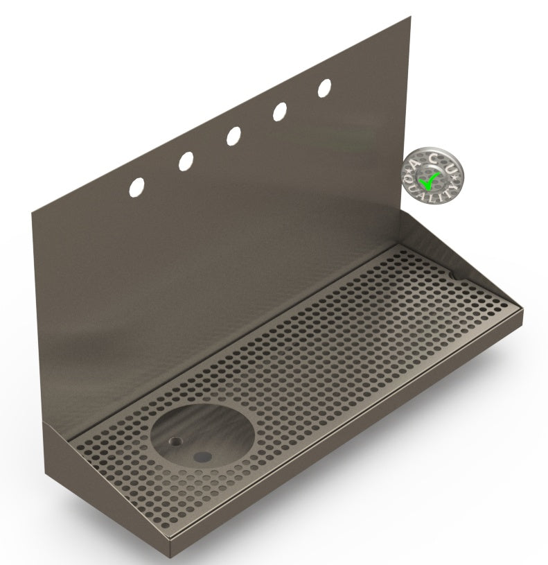 Wall Mount Drip Tray with Left Drain and Rinser Hole | 8" X 24" X 14" X 1" | S/S # 4 | 5 Faucet Holes - ACU Precision Sheet Metal