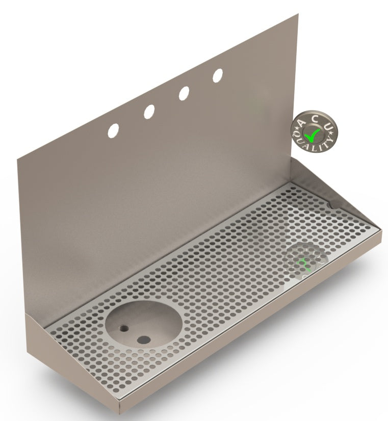Wall Mount Drip Tray with Left Drain and Rinser Hole | 8" X 24" X 14" X 1" | Stainless Steel Mirror Finish | 4 Faucet Holes - ACU Precision Sheet Metal