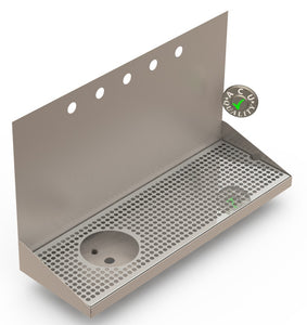 Wall Mount Drip Tray with Left Drain and Rinser Hole | 8" X 24" X 14" X 1" | Stainless Steel Mirror Finish | 5 Faucet Holes - ACU Precision Sheet Metal