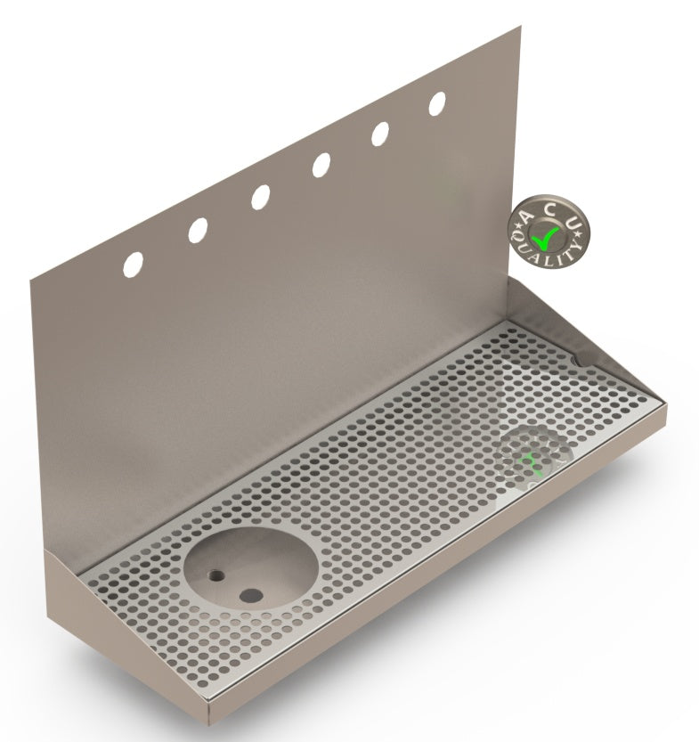 Wall Mount Drip Tray with Left Drain and Rinser Hole | 8" X 24" X 14" X 1" | Stainless Steel Mirror Finish | 6 Faucet Holes - ACU Precision Sheet Metal