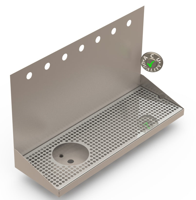 Wall Mount Drip Tray with Left Drain and Rinser Hole | 8" X 24" X 14" X 1" | Stainless Steel Mirror Finish | 7 Faucet Holes - ACU Precision Sheet Metal