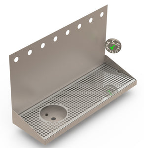 Wall Mount Drip Tray with Left Drain and Rinser Hole | 8" X 24" X 14" X 1" | Stainless Steel Mirror Finish | 8 Faucet Holes - ACU Precision Sheet Metal
