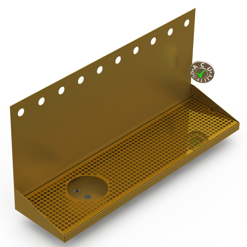 Wall Mount Drip Tray with Left Drain and Rinser Hole | 8" X 30" X 14" X 1" | Brass | 10 Faucet Holes - ACU Precision Sheet Metal