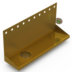 Wall Mount Drip Tray with Left Drain and Rinser Hole | 8" X 30" X 14" X 1" | Brass | 10 Faucet Holes - ACU Precision Sheet Metal