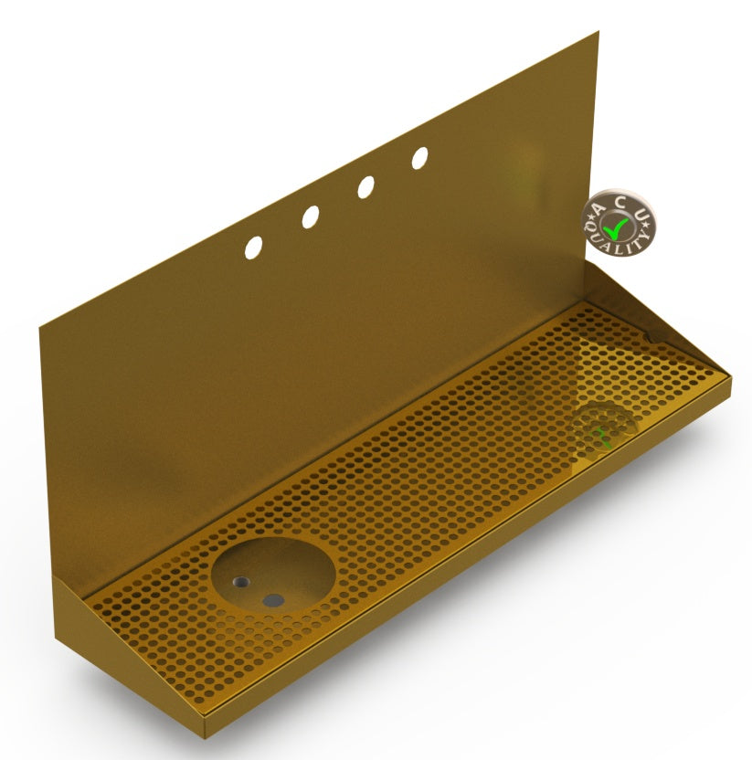 Wall Mount Drip Tray with Left Drain and Rinser Hole | 8" X 30" X 14" X 1" | Brass | 4 Faucet Holes - ACU Precision Sheet Metal