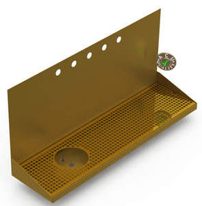Wall Mount Drip Tray with Left Drain and Rinser Hole | 8" X 30" X 14" X 1" | Brass | 5 Faucet Holes - ACU Precision Sheet Metal