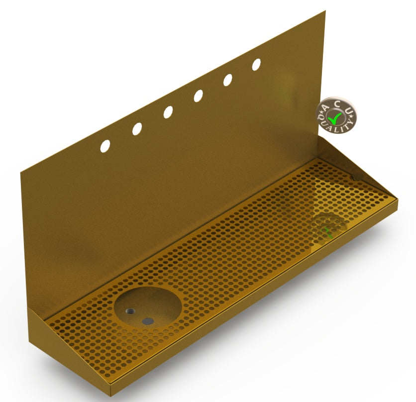 Wall Mount Drip Tray with Left Drain and Rinser Hole | 8" X 30" X 14" X 1" | Brass | 6 Faucet Holes - ACU Precision Sheet Metal