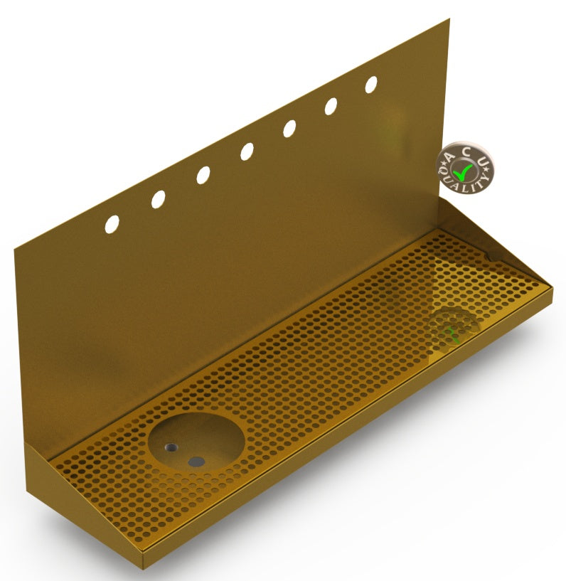 Wall Mount Drip Tray with Left Drain and Rinser Hole | 8" X 30" X 14" X 1" | Brass | 7 Faucet Holes - ACU Precision Sheet Metal
