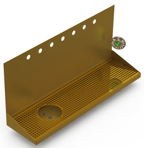 Wall Mount Drip Tray with Left Drain and Rinser Hole | 8" X 30" X 14" X 1" | Brass | 7 Faucet Holes - ACU Precision Sheet Metal