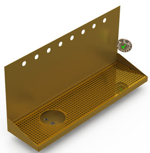 Wall Mount Drip Tray with Left Drain and Rinser Hole | 8" X 30" X 14" X 1" | Brass | 8 Faucet Holes - ACU Precision Sheet Metal