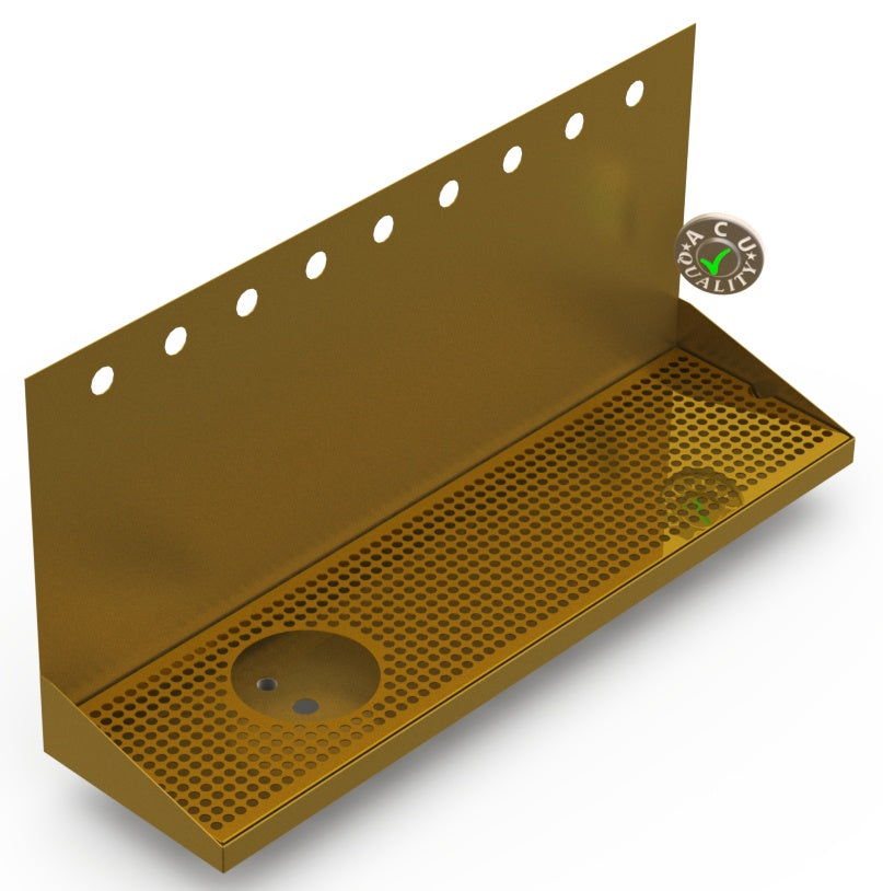 Wall Mount Drip Tray with Left Drain and Rinser Hole | 8" X 30" X 14" X 1" | Brass | 9 Faucet Holes - ACU Precision Sheet Metal