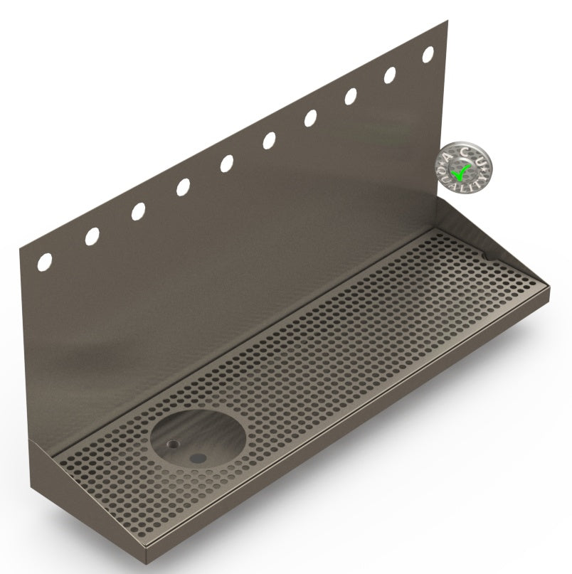 Wall Mount Drip Tray with Left Drain and Rinser Hole | 8" X 30" X 14" X 1" | S/S # 4 | 10 Faucet Holes - ACU Precision Sheet Metal
