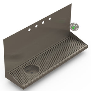 Wall Mount Drip Tray with Left Drain and Rinser Hole | 8" X 30" X 14" X 1" | S/S # 4 | 4 Faucet Holes - ACU Precision Sheet Metal