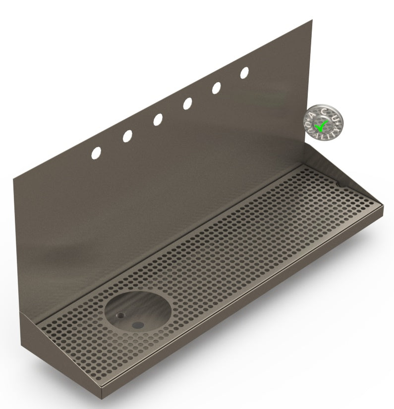 Wall Mount Drip Tray with Left Drain and Rinser Hole | 8" X 30" X 14" X 1" | S/S # 4 | 6 Faucet Holes - ACU Precision Sheet Metal