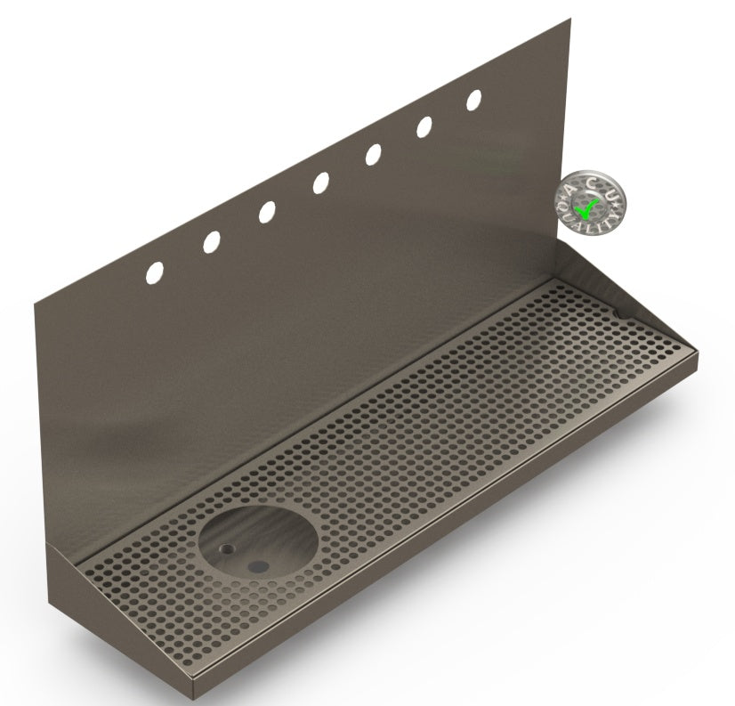 Wall Mount Drip Tray with Left Drain and Rinser Hole | 8" X 30" X 14" X 1" | S/S # 4 | 7 Faucet Holes - ACU Precision Sheet Metal
