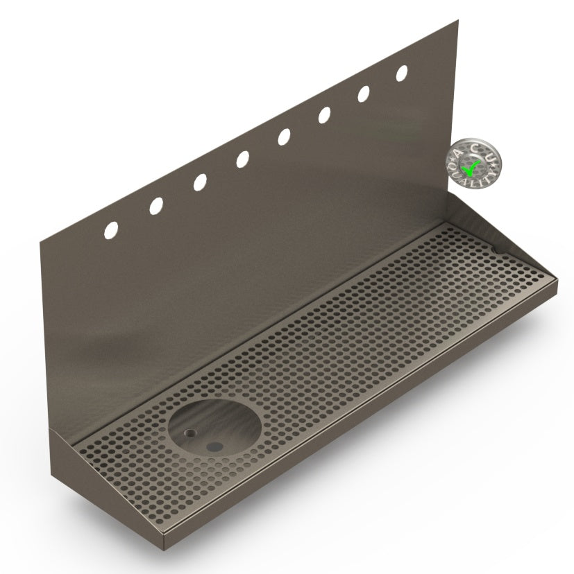 Wall Mount Drip Tray with Left Drain and Rinser Hole | 8" X 30" X 14" X 1" | S/S # 4 | 8 Faucet Holes - ACU Precision Sheet Metal
