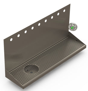 Wall Mount Drip Tray with Left Drain and Rinser Hole | 8" X 30" X 14" X 1" | S/S # 4 | 9 Faucet Holes - ACU Precision Sheet Metal