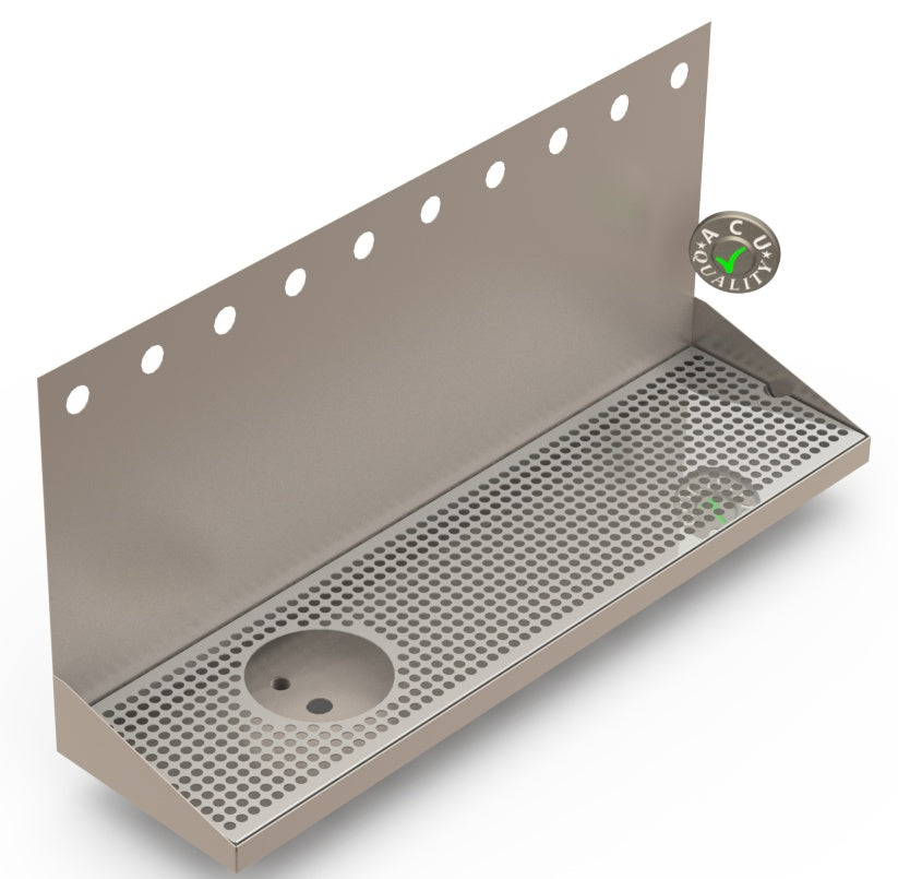 Wall Mount Drip Tray with Left Drain and Rinser Hole | 8" X 30" X 14" X 1" | Stainless Steel Mirror Finish | 10 Faucet Holes - ACU Precision Sheet Metal