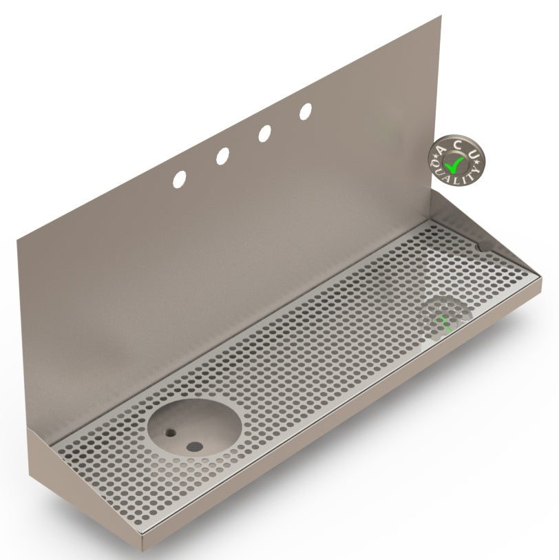 Wall Mount Drip Tray with Left Drain and Rinser Hole | 8" X 30" X 14" X 1" | Stainless Steel Mirror Finish | 4 Faucet Holes - ACU Precision Sheet Metal
