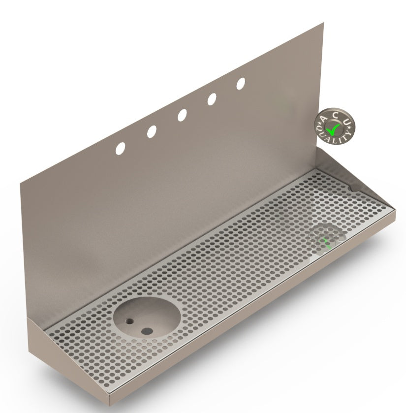 Wall Mount Drip Tray with Left Drain and Rinser Hole | 8" X 30" X 14" X 1" | Stainless Steel Mirror Finish | 5 Faucet Holes - ACU Precision Sheet Metal
