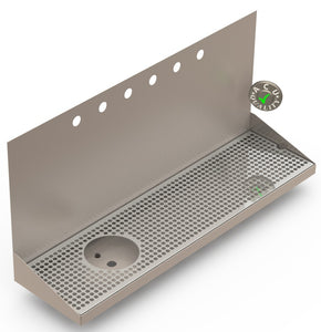 Wall Mount Drip Tray with Left Drain and Rinser Hole | 8" X 30" X 14" X 1" | Stainless Steel Mirror Finish | 6 Faucet Holes - ACU Precision Sheet Metal