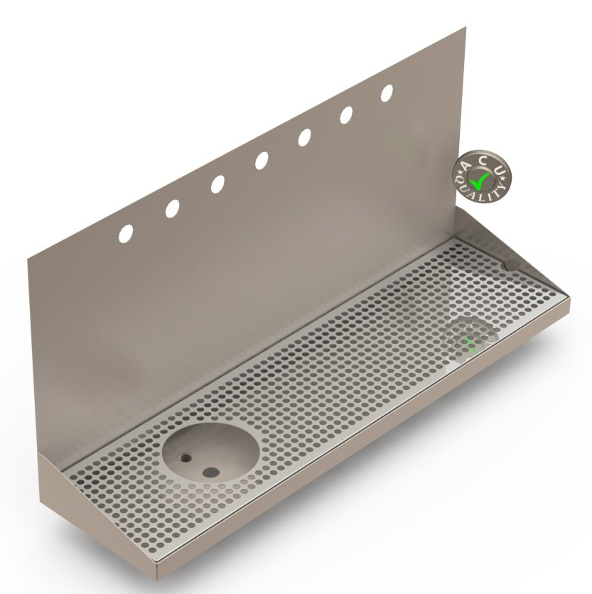 Wall Mount Drip Tray with Left Drain and Rinser Hole | 8" X 30" X 14" X 1" | Stainless Steel Mirror Finish | 7 Faucet Holes - ACU Precision Sheet Metal