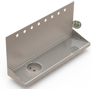Wall Mount Drip Tray with Left Drain and Rinser Hole | 8" X 30" X 14" X 1" | Stainless Steel Mirror Finish | 8 Faucet Holes - ACU Precision Sheet Metal