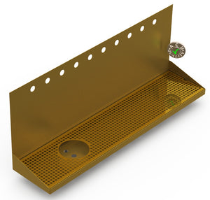 Wall Mount Drip Tray with Left Drain and Rinser Hole | 8" X 36" X 14" X 1" | Brass | 10 Faucet Holes - ACU Precision Sheet Metal