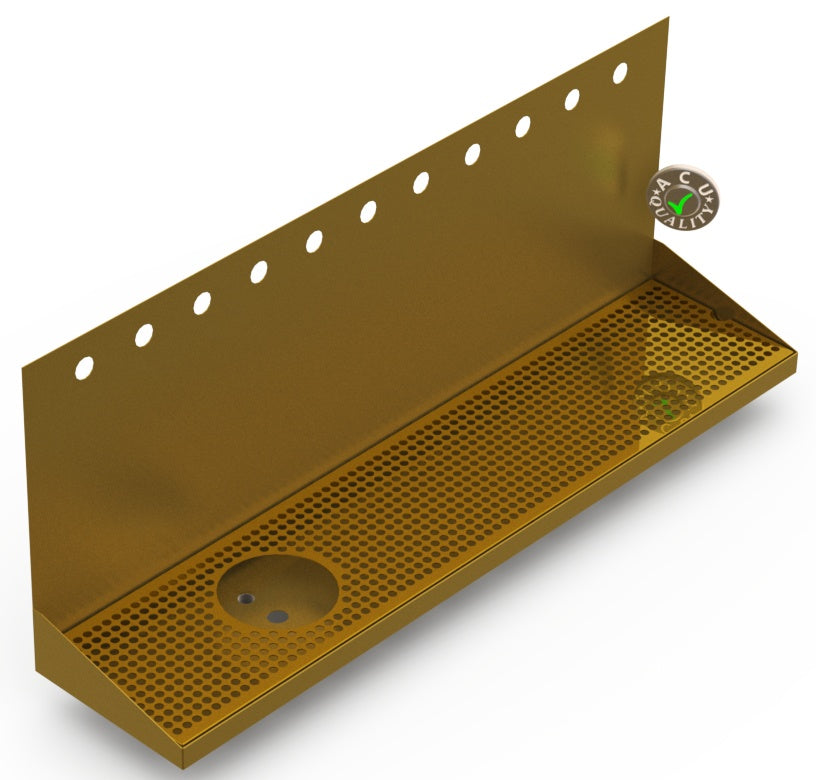 Wall Mount Drip Tray with Left Drain and Rinser Hole | 8" X 36" X 14" X 1" | Brass | 11 Faucet Holes - ACU Precision Sheet Metal
