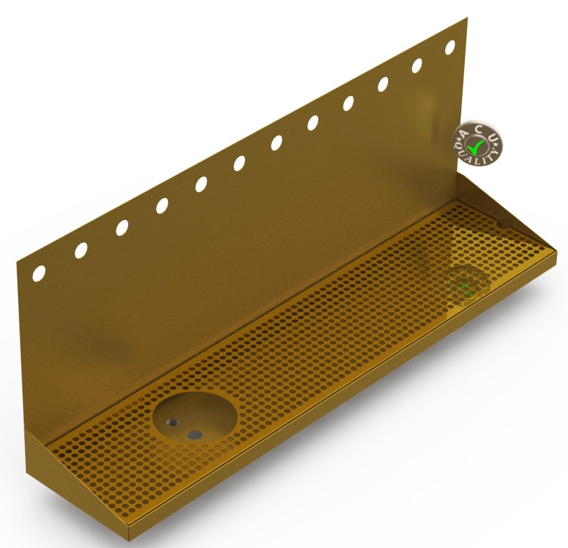 Wall Mount Drip Tray with Left Drain and Rinser Hole | 8" X 36" X 14" X 1" | Brass | 12 Faucet Holes - ACU Precision Sheet Metal