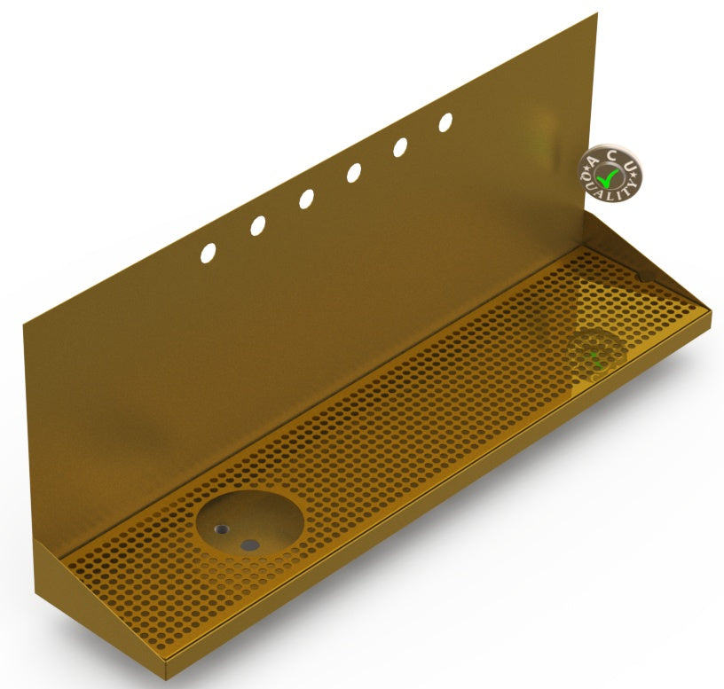 Wall Mount Drip Tray with Left Drain and Rinser Hole | 8" X 36" X 14" X 1" | Brass | 6 Faucet Holes - ACU Precision Sheet Metal