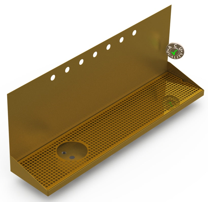 Wall Mount Drip Tray with Left Drain and Rinser Hole | 8" X 36" X 14" X 1" | Brass | 7 Faucet Holes - ACU Precision Sheet Metal