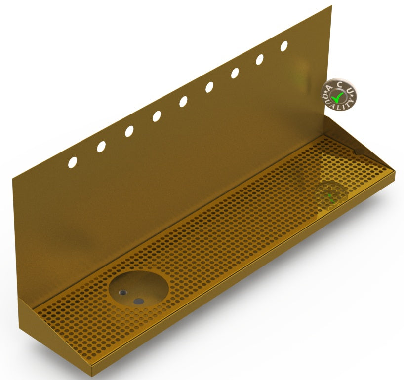 Wall Mount Drip Tray with Left Drain and Rinser Hole | 8" X 36" X 14" X 1" | Brass | 9 Faucet Holes - ACU Precision Sheet Metal