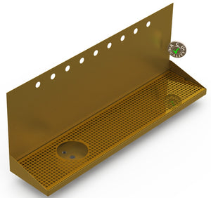 Wall Mount Drip Tray with Left Drain and Rinser Hole | 8" X 36" X 14" X 1" | Brass | 9 Faucet Holes - ACU Precision Sheet Metal
