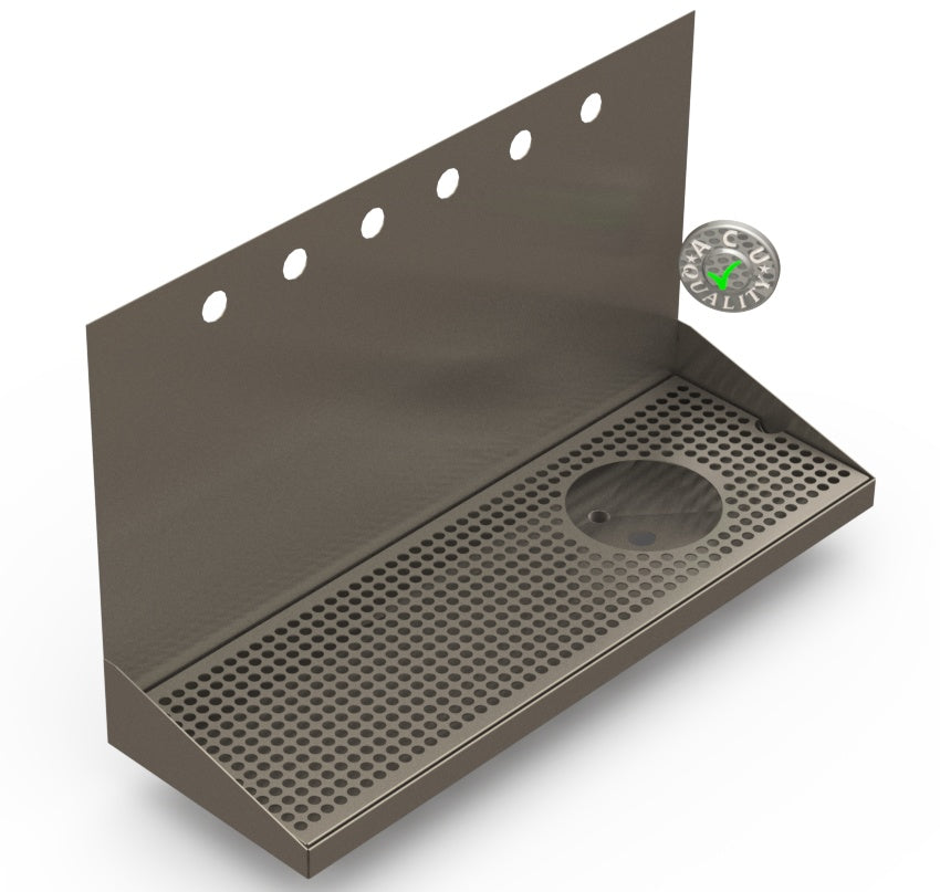 Wall Mount Drip Tray with Right Drain and Rinser Hole | 8" X 24" X 14" X 1" | S/S # 4 | 6 Faucet Holes - ACU Precision Sheet Metal