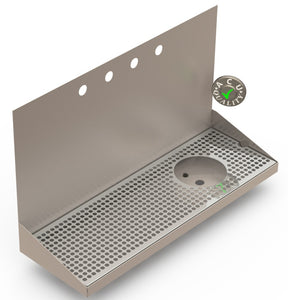 Wall Mount Drip Tray with Right Drain and Rinser Hole | 8" X 24" X 14" X 1" | Stainless Steel Mirror Finish | 4 Faucet Holes - ACU Precision Sheet Metal