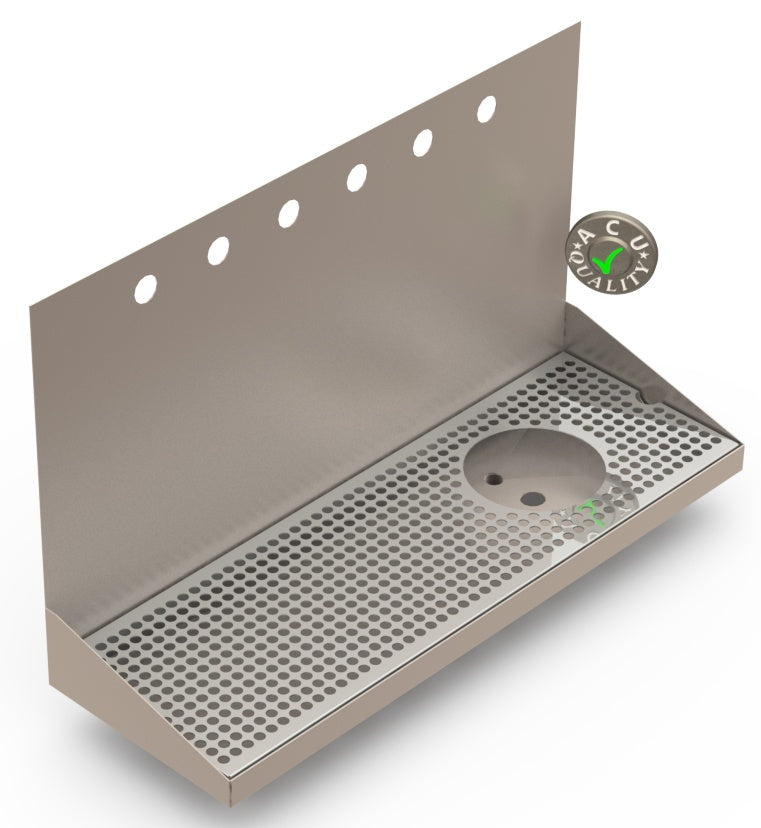Wall Mount Drip Tray with Right Drain and Rinser Hole | 8" X 24" X 14" X 1" | Stainless Steel Mirror Finish | 6 Faucet Holes - ACU Precision Sheet Metal