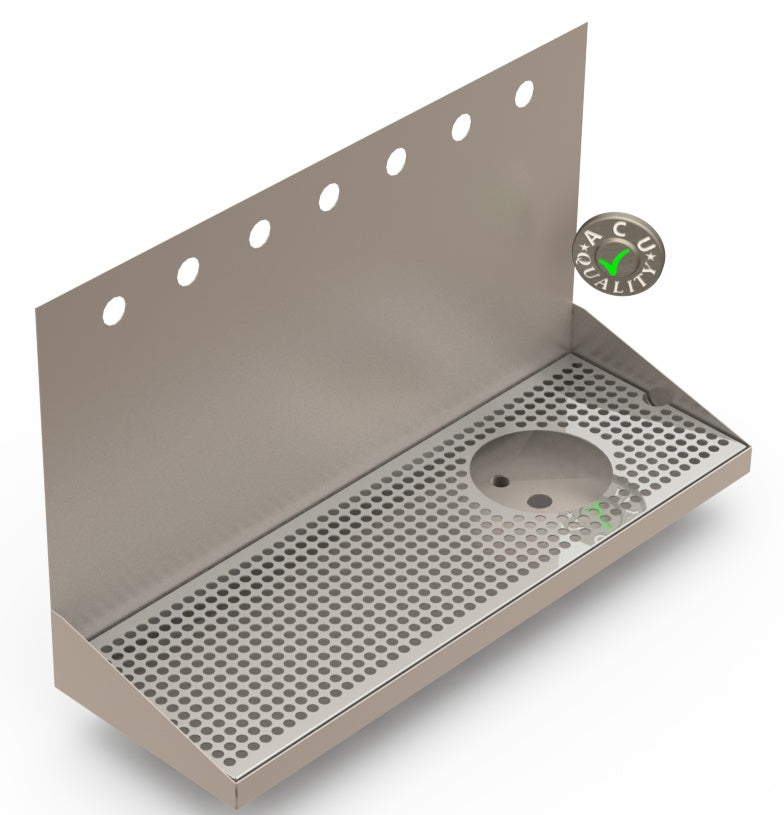 Wall Mount Drip Tray with Right Drain and Rinser Hole | 8" X 24" X 14" X 1" | Stainless Steel Mirror Finish | 7 Faucet Holes - ACU Precision Sheet Metal