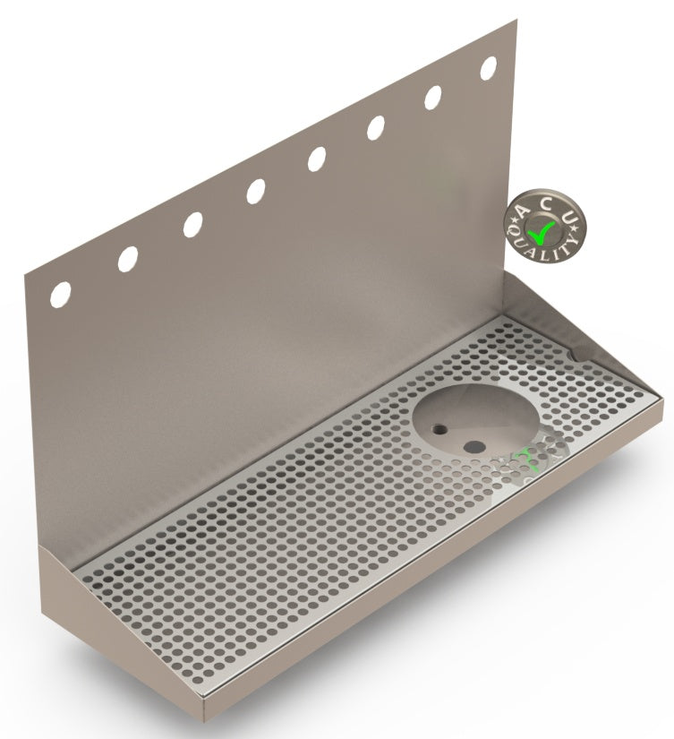 Wall Mount Drip Tray with Right Drain and Rinser Hole | 8" X 24" X 14" X 1" | Stainless Steel Mirror Finish | 8 Faucet Holes - ACU Precision Sheet Metal